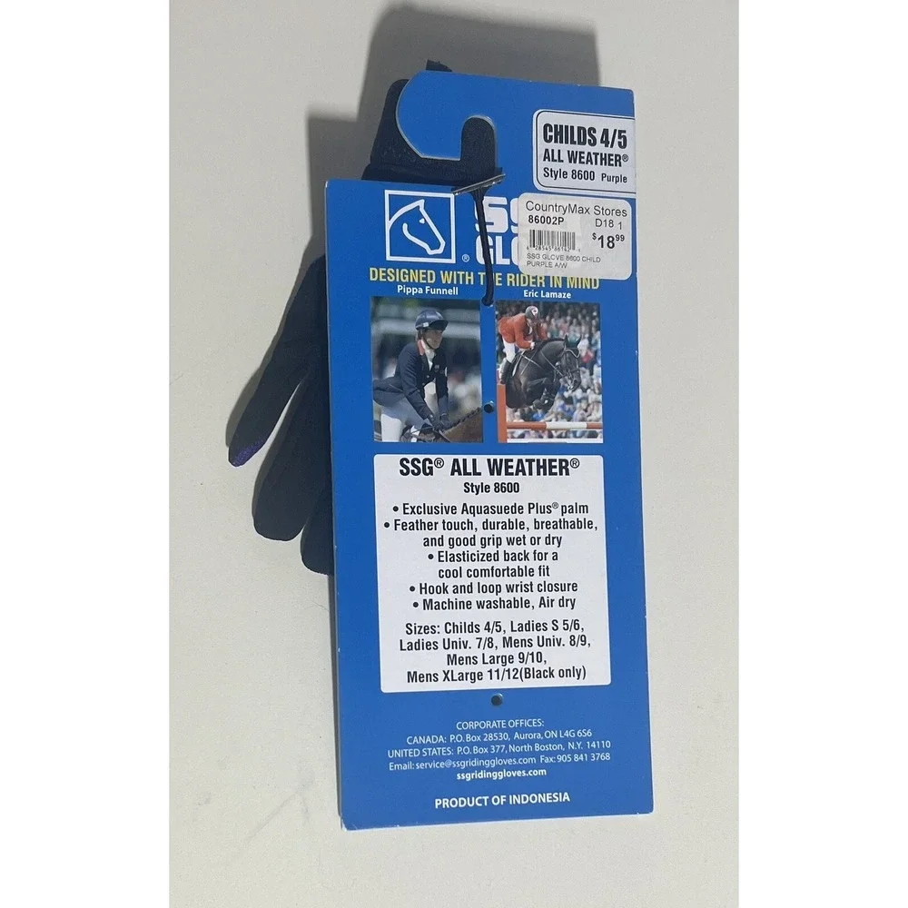SSG Child's 4/5 All Weather Style 8600 Purple Horseback Riding Gloves NWT